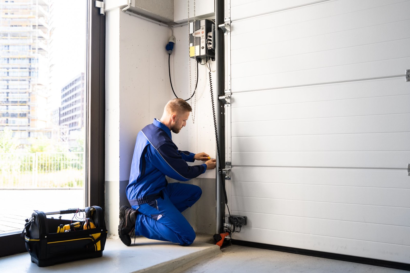 Licensed garage door technician installing a new insulated overhead door